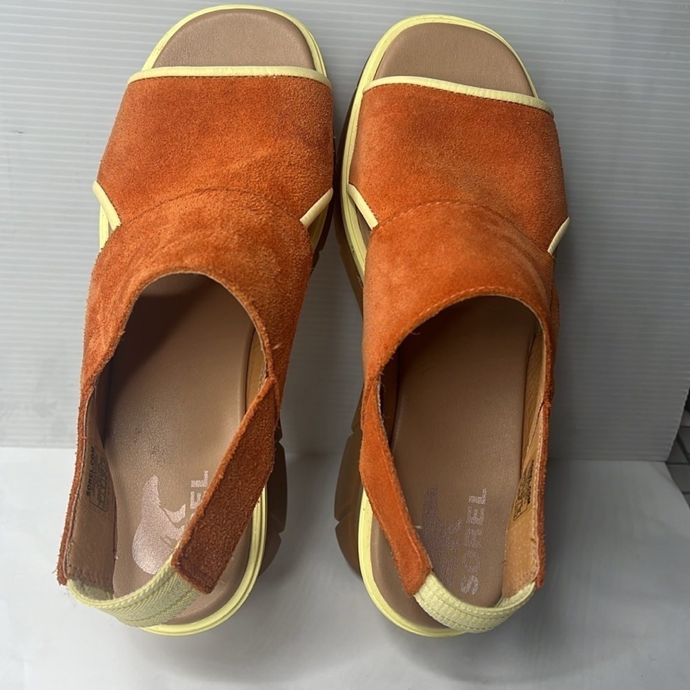 Sorel Sz 7 Joanie Burnt Orange Suede Yellow Leather Wedge Sandals - Picture 3 of 8